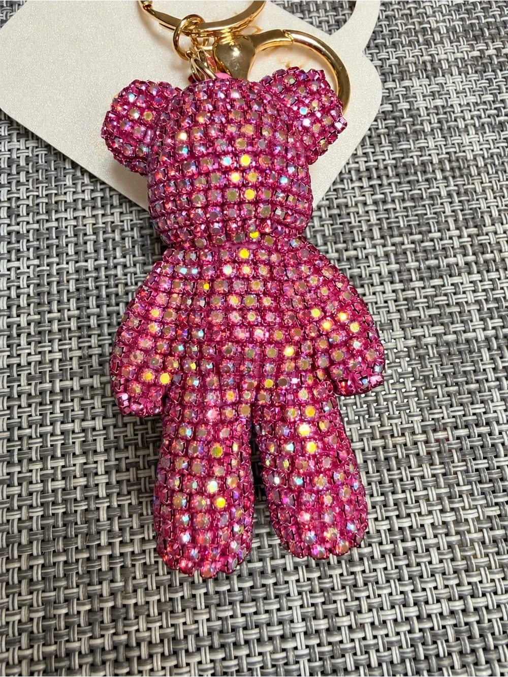 Natasha 💕Pink Crystal Teddy Bear 🧸Keychain Bag Charm with Gold Hardware -